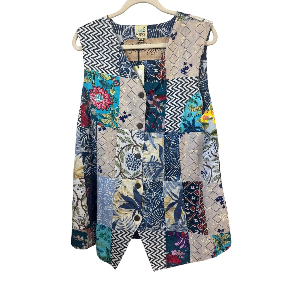 Jaded Gypsy Womens Patchwork Boho Button Front Vest Floral Blue Tan L/XL